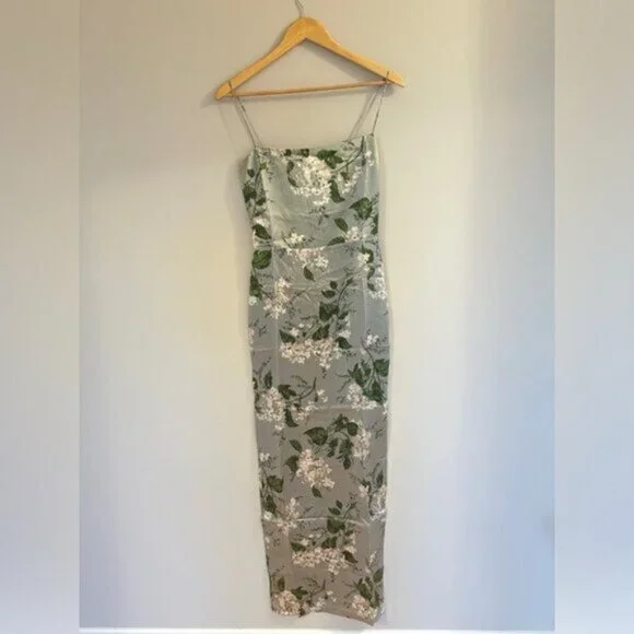 NEW Reformation Frankie Long Silk Dress in Tea Garden Green Floral | size 6 - Picture 6 of 12